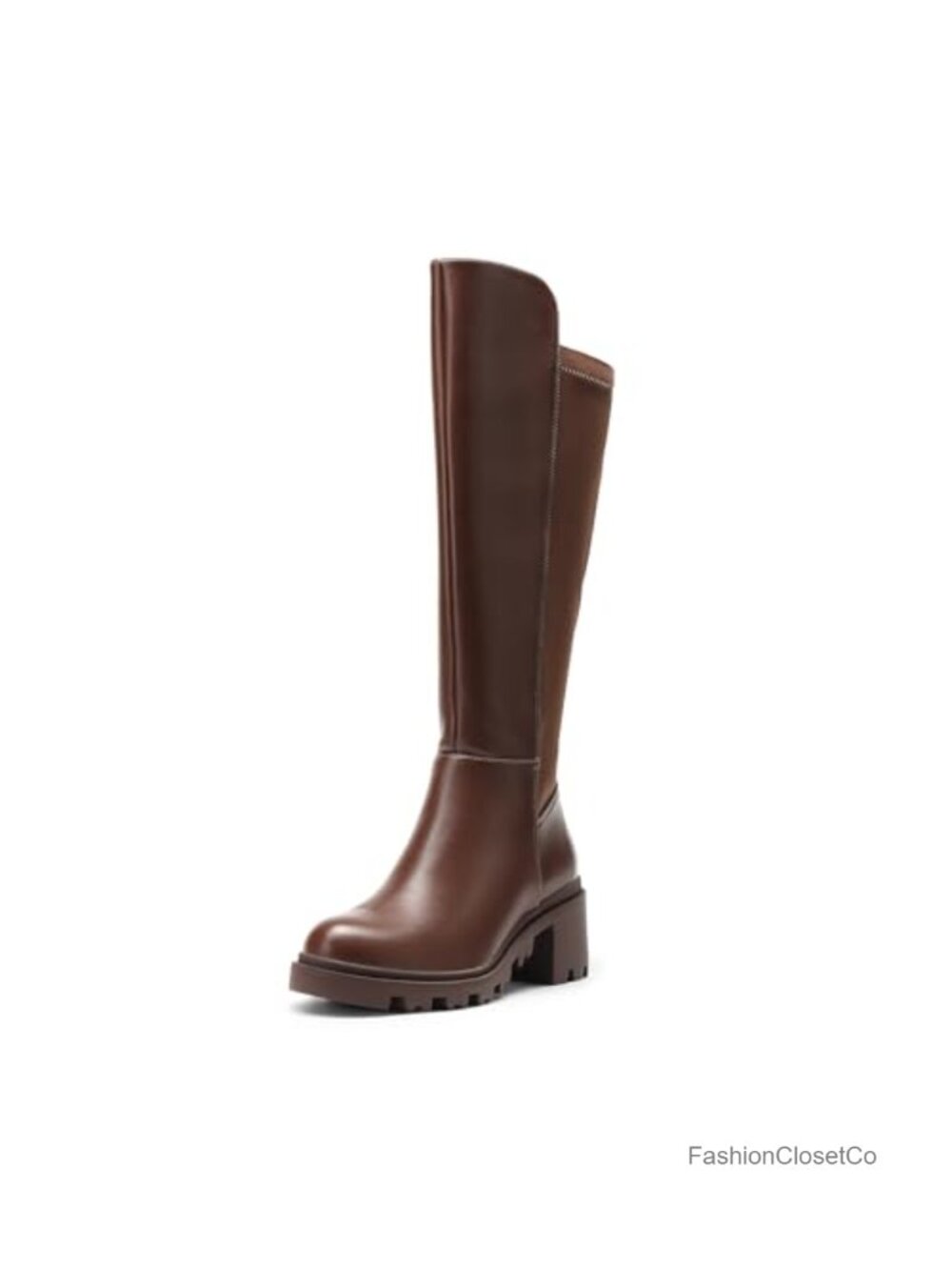 Faux Leather Knee High Boots Round Toe Chunky Heel Side Zip Winter